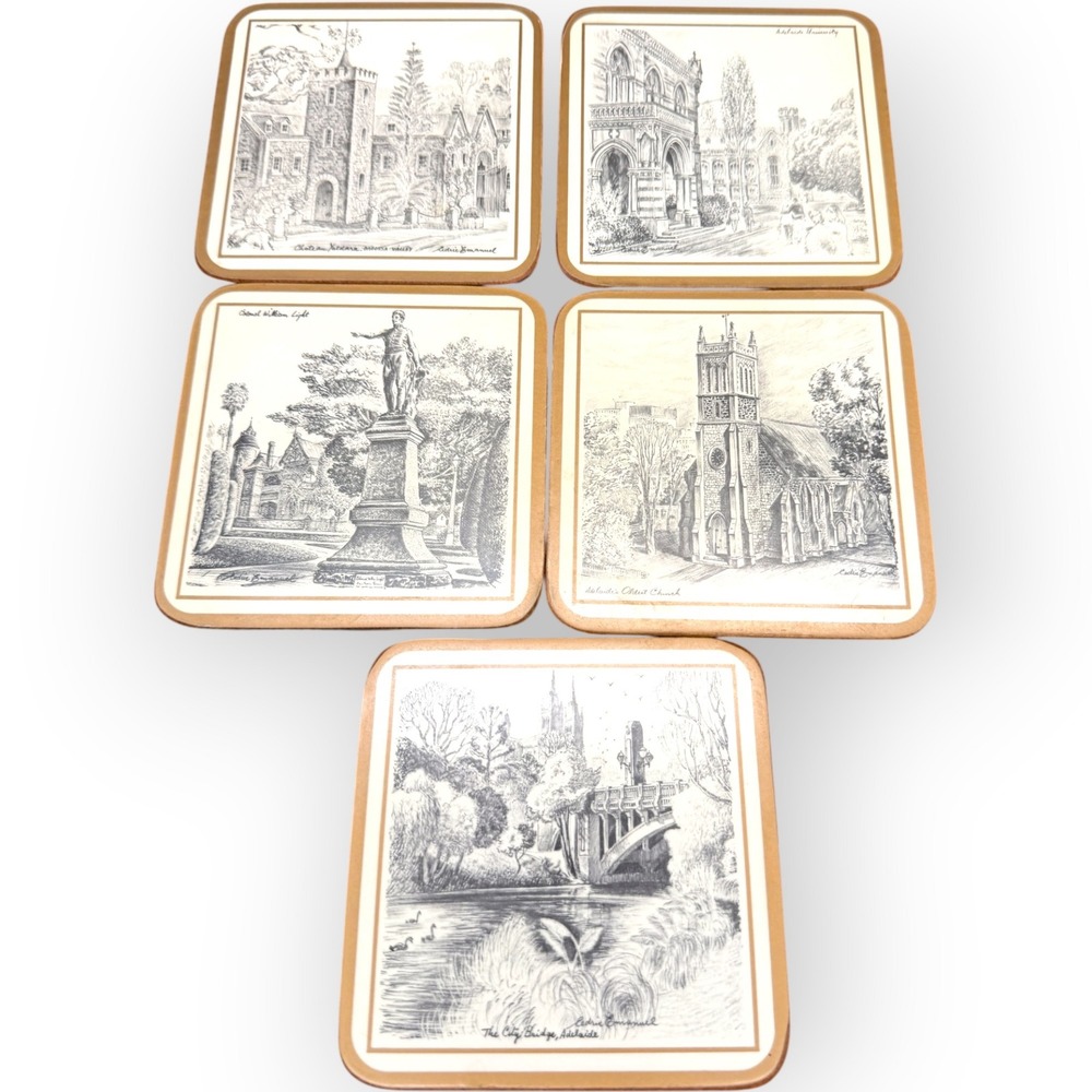 Vtg Pimpernel Cedric Emanuel Australian Landmark Coasters Set 9 Sketch Adelaide